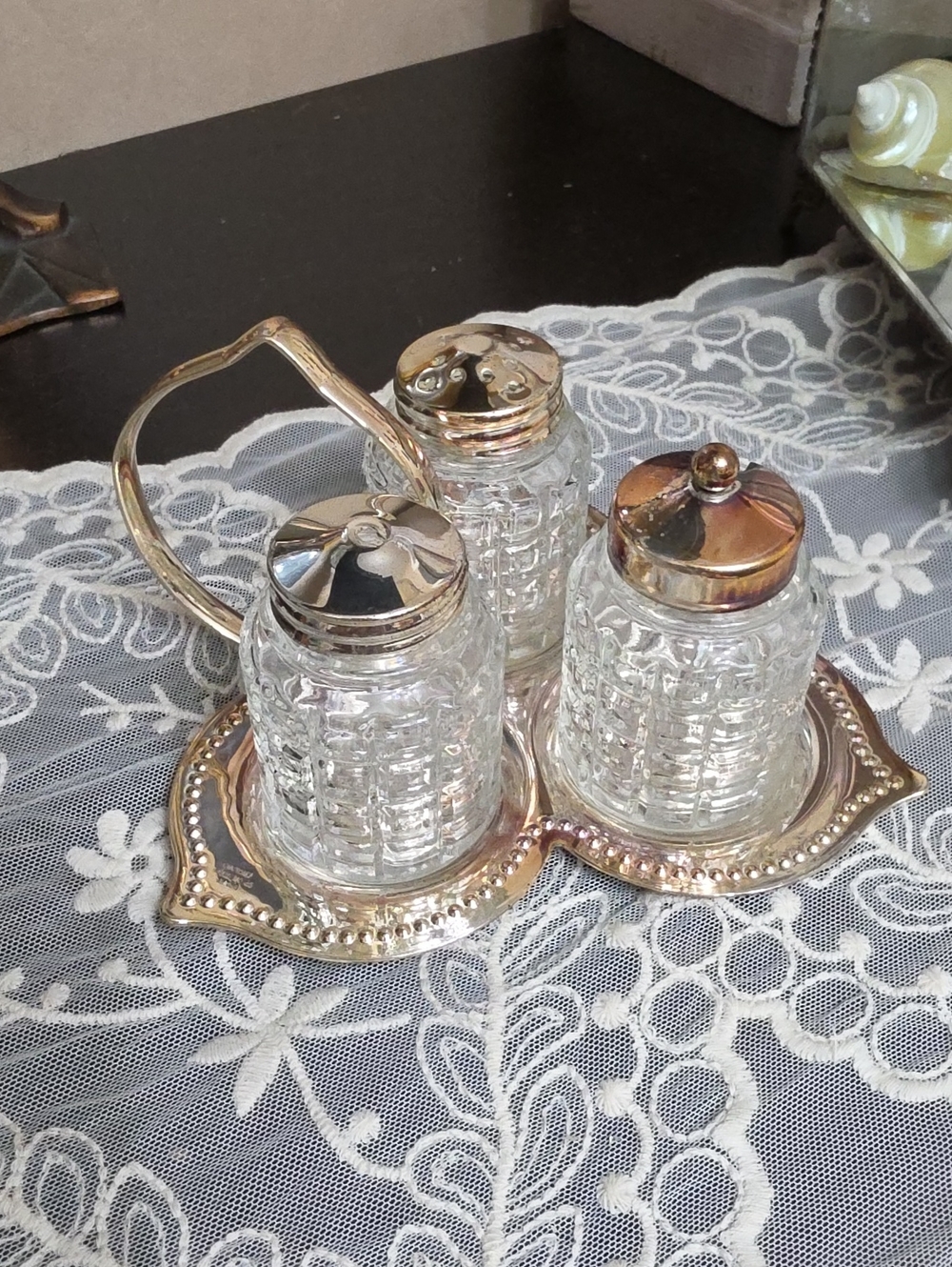 Glass and Silver-Tone Condiment Set with Tray - Clear and Silver